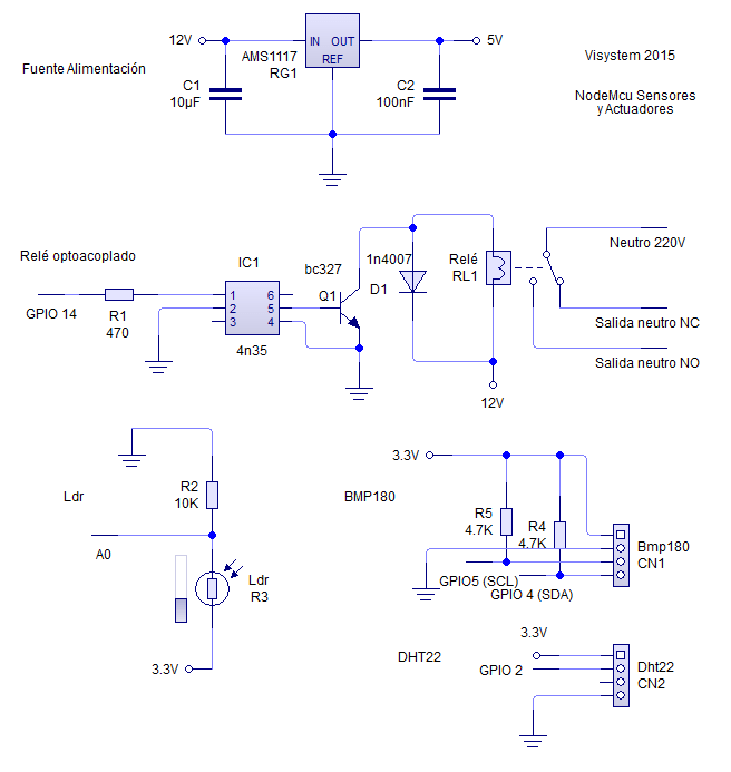 Esquema de sensores y actuadores para NodeMcu Devkit (ESP8266 Esp-12)